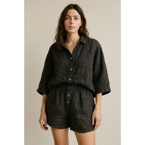 Myrah Penaloza Women Dark Moon Linen Elastic Waist Button Up Shirt & Shorts Set